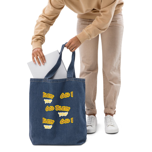 “God Bless You” Organic denim tote bag